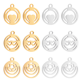 Unicraftale 12Pcs 6 Style 304 Stainless Steel Charms, Manual Polishing, Flat Round with Star & Heart