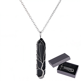 1Pc Gemstone Bullet Macrame Pouch Pendant Alloy Chain Necklaces, with Paper Jewelry Gift Packing Boxes and Raffia Crinkle Cut Paper Shred Filler