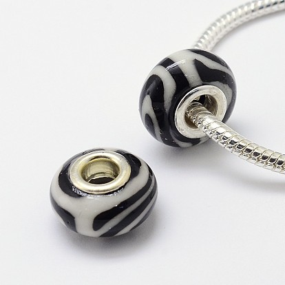 Handmade Polymer Clay Large Hole Rondelle European Beads, with Double Silver Color Plated Brass Cores