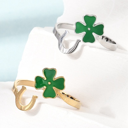 304 Stainless Steel Enamel Cuff Open Rings, Clover & Horseshoes