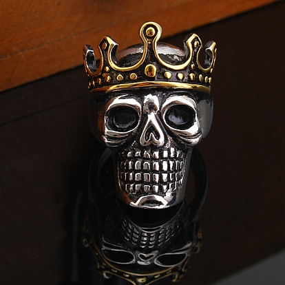 Steam Punk Style Titanium Steel Enamel Skull with Crown Finger Rings, Wide Rings for Men Women