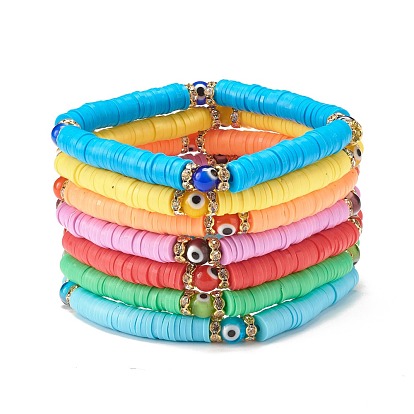 7 pcs 7 couleurs ensemble de bracelets extensibles de perles heishi en argile polymère faits à la main, Protection des yeux maléfiques bracelets preppy chanceux pour femmes