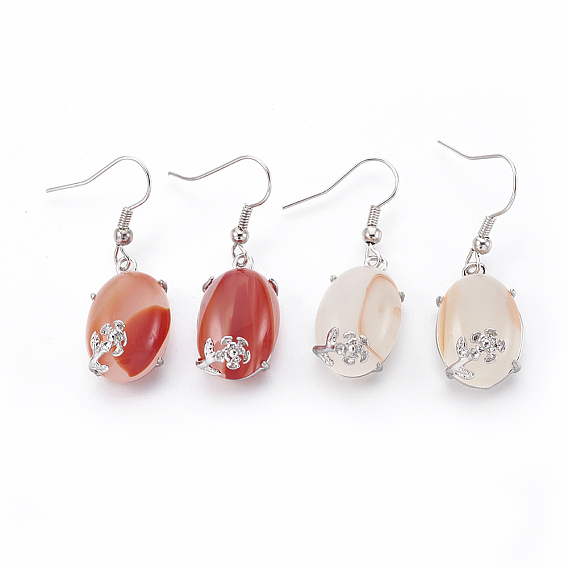 Brass Dangle Earrings, with Mixed Gemstone, Oval with Flower, Platinum