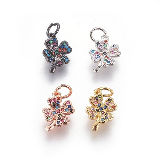 Brass Micro Pave Cubic Zirconia Charms, Four Leaf Clover