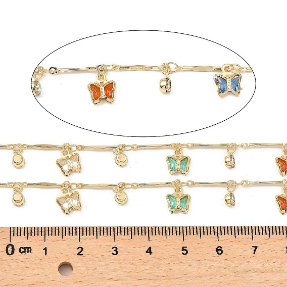 Rack Plating Brass Bar Link Chains, with Butterfly Glass Charms, Long-Lasting Plated, Soldered, with Spool