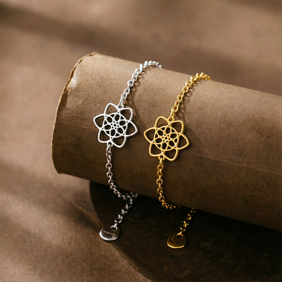 304 Stainless Steel Flower Link Bracelets, Cable Chain Bracelets for Women
