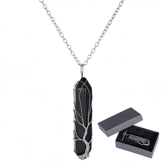 1Pc Gemstone Bullet Macrame Pouch Pendant Alloy Chain Necklaces, with Paper Jewelry Gift Packing Boxes and Raffia Crinkle Cut Paper Shred Filler