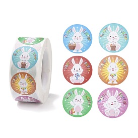 Пасхальная тема самоклеющиеся рулоны бумажных наклеек, с кроликом шаблон, круглые наклейки, подарочные наклейки