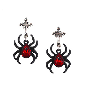 Punk Rock Black Spider Alloy Stud Earrings, with Red Glass Asymmetric Tassel Jewelry