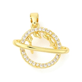 Rack Plating Brass Micro Pave Cubic Zirconia Pendants, Long-Lasting Plated, Lead Free & Cadmium Free, Planet