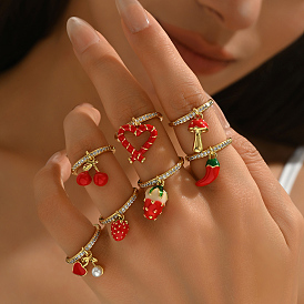 Женские кольца-пальцы с фруктами и подвеской из латуни с микропаве из кубических цирконий, золотые
