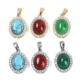 Gemstone Oval Pendants, Brass Clear Cubic Zirconia Charms