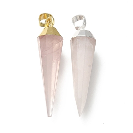 Natural Rose Quartz Pointed Pendants, Faceted Cone Charms, with Brass Findings