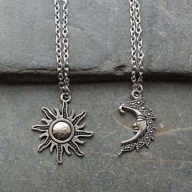 Vintage Pendant Necklace for Women, Silver Hollow Sun Moon Couple Jewelry, Best Friends.