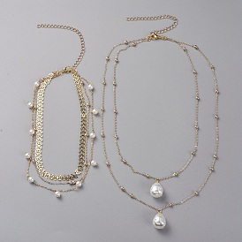 Layered Necklaces Sets, with ABS Plastic Imitation Pearl Pendants, Plastic Imitation Pearl Beads, Brass Chains and 304 Stainless Steel Lobster Claw Clasps