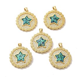 Rack Plating Brass Micro Pave Cubic Zirconia Pendants, with Synthetic Opal, with Jump Ring, Lead Free & Cadmium Free, Long-Lasting Plated, Flat Round with Star