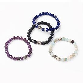 Natural Gemstone Stretch Bracelets, Beaded Stretch Bracelets, with Tibetan Style Beads, Buddha Head, Antique Silver