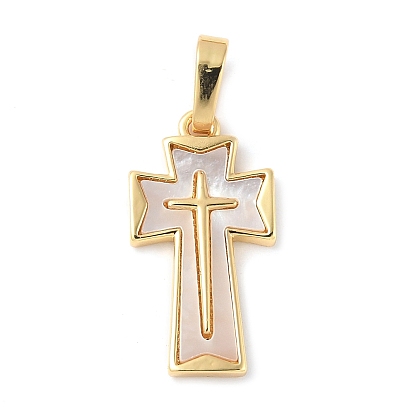 Подвески из латуни с натуральными белыми ракушками, религия крест прелести, долговечный, без свинца и без кадмия, стойки покрытие