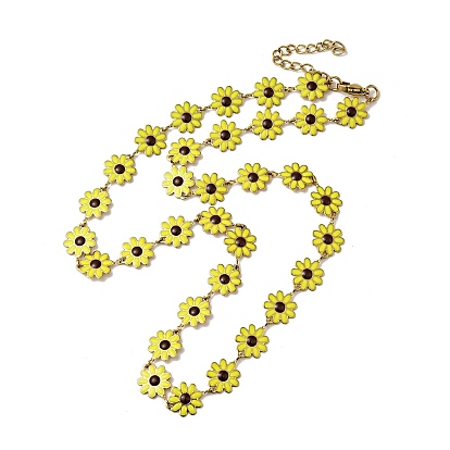 Yellow Enamel Daisy Flower Link Chain Necklace, Ion Plating(IP) 304 Stainless Steel Jewelry for Women