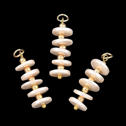 Electroplated Shell Pearl & Brass Pendants, Disc Charms, with 304 Stainless Steel Open Jump Rings
