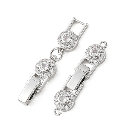SHEGRACE Brass Micro Pave Clear Cubic Zirconia Fold Oval Clasps, Flat Round, Cadmium Free & Lead Free & Nickel Free,