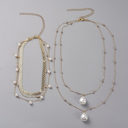 Layered Necklaces Sets, with ABS Plastic Imitation Pearl Pendants, Plastic Imitation Pearl Beads, Brass Chains and 304 Stainless Steel Lobster Claw Clasps