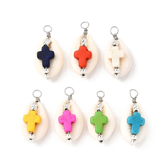 Подвески из окрашенной синтетической бирюзы и натуральной ракушки каури, с обмоткой из медной проволоки, разноцветные