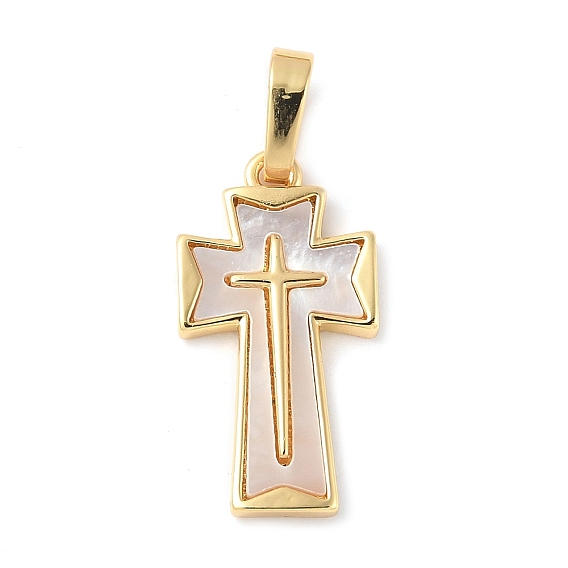 Подвески из латуни с натуральными белыми ракушками, религия крест прелести, долговечный, без свинца и без кадмия, стойки покрытие