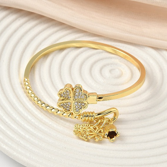 Браслеты-манжеты с прозрачным кубическим цирконием из латуни с микропаве, браслеты с подвесками для женщин, клевер, бабочка и цветок, с латунными подвесками, стойки покрытие, долговечный, без свинца и без кадмия