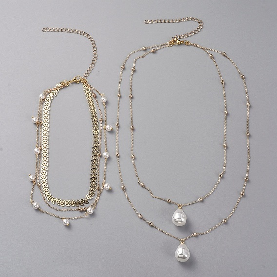 Layered Necklaces Sets, with ABS Plastic Imitation Pearl Pendants, Plastic Imitation Pearl Beads, Brass Chains and 304 Stainless Steel Lobster Claw Clasps