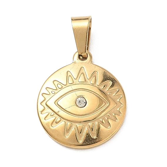 304 Stainless Steel Pendants, with 201  Stainless Steel Ice Pick Pinch Bails, with Rhinestone, Ion Plating, Round with Eye Charms