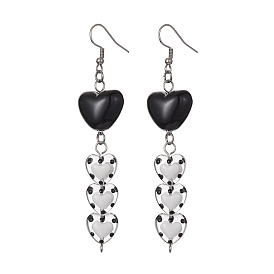 Acrylic & Glass Heart with Enamel Dangle Earrings, 304 Stainless Steel Long Drop Earrings