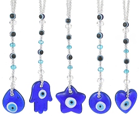 Handmade Evil Eye Lampwork Pendant Decoration, with Glass Beads and Zinc Alloy Lobster Claw Clasps, Teardrop/Star/Heart/Flat Round/Hamsa Hand