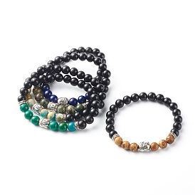 Bracelets extensibles en pierre naturelle et synthétique, avec des perles en bois naturel et des perles en alliage de style tibétain, tête de bouddha