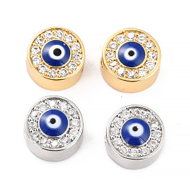 Brass Micro Pave Clear Cubic Zirconia Beads, with Enamel, Flat Round with Evil Eye
