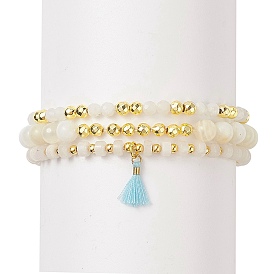 3Pcs 3 Style Natural White Jade & Moonstone Beaded Stretch Bracelets Set, Tassel Charms Stackable Bracelets for Women