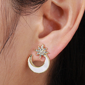 Fashionable Star and Moon Earrings with Diamond Inlay - European and American Style