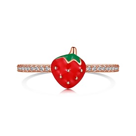 Enamel Strawberry Finger Rings, 925 Sterling Silver with Cubic Zirconia Ring for Women