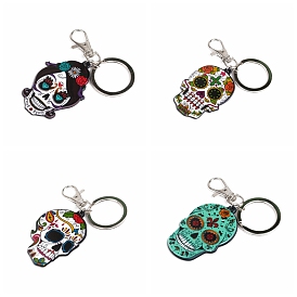 Porte-clés pendentif crâne de sucre pour le jour des morts au mexique, porte-clés en alliage et acrylique avec porte-clés fendu et fermoirs pivotants