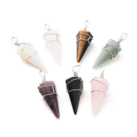 Natural & Synthetic Gemstone Pendants, with Platinum Tone Copper Wire Wrapped, Cadmium Free & Lead Free, Faceted Cone