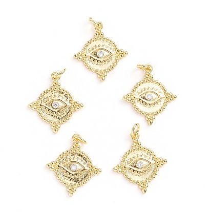 Brass Micro Pave Cubic Zirconia Pendants, with Jump Ring, Rhombus with Eyes