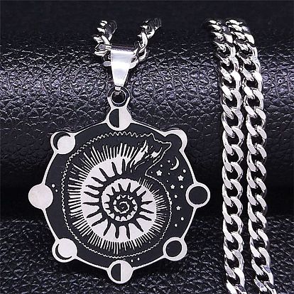 201 Stainless Steel Enamel Pendant Necklace, Moon Phase with Shell Shape