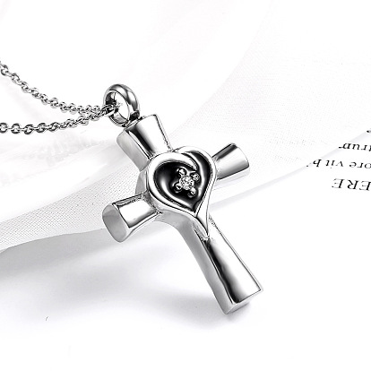 Titanium Steel Memorial Jewelry Urn Ashes Pendants, with Enamel and Cubic Zirconia, High Polished, Cross with Heart