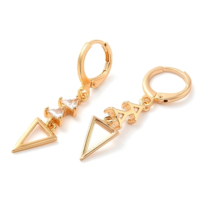 Rack Plating Golden Brass Dangle Leverback Earrings, with Cubic Zirconia, Triangle