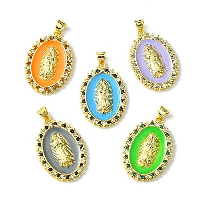 Brass Micro Pave Cubic Zirconia Pendants, with Enamel, Cadmium Free & Nickel Free & Lead Free, Oval with Virgin