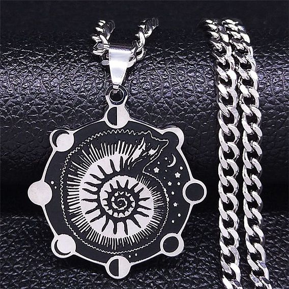 201 Stainless Steel Enamel Pendant Necklace, Moon Phase with Shell Shape
