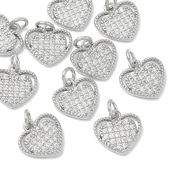 SHEGRACE Valentine's Day Brass Clear Cubic Zirconia Pendants, Heart Charms, Cadmium Free & Lead Free & Nickel Free