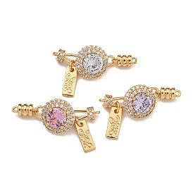 Brass Micro Pave Clear Cubic Zirconia Fold Over Clasps, Flat Round, Real 18K Gold Plated