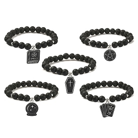 Natural Lava Rock & Black Agate Beaded Stretch Bracelet with Alloy Enamel Charms