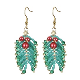 MIYUKI Rocailles & Glass Pearl Beaded Leaf Dangle Earrings, 304 Stainless Steel Long Drop Earrings